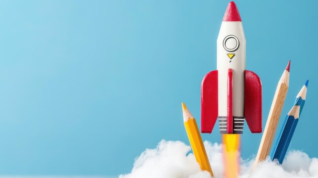 Colorful rocket launching from fluffy clouds with vibrant pencils representing creativity and innovation in education and art for kids and adults
