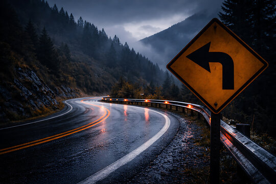 A winding road sign, signaling a sharp left turn amidst the rain and mountains