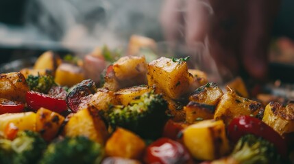 Cinematic close-up of golden roasted vegetables being placed on a plate .