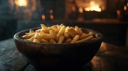 Cinematic close-up of golden fries being served in a rustic bowl .