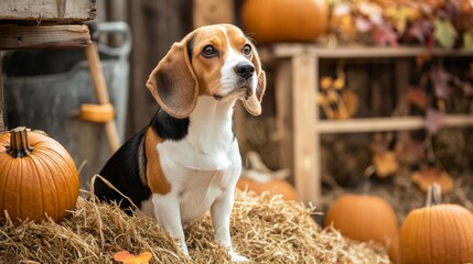 Beagle enjoys walk through autumn market with pumpkins and hay .