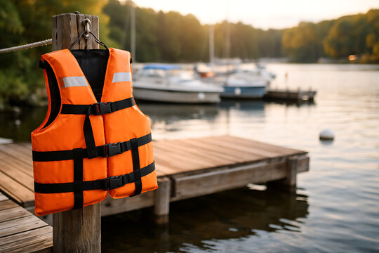 A life jacket hanging on a wooden dock with boats in the background, a symbol of safety on the water
