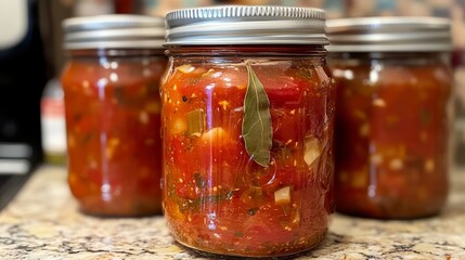 jar of bell pepper and tomato lecho with bay leaf and garlic .