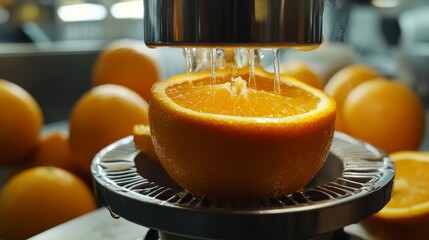 Close-up of a fresh orange being juiced in a citrus press .