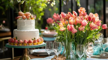 Easter brunch setup with tulips and cake .