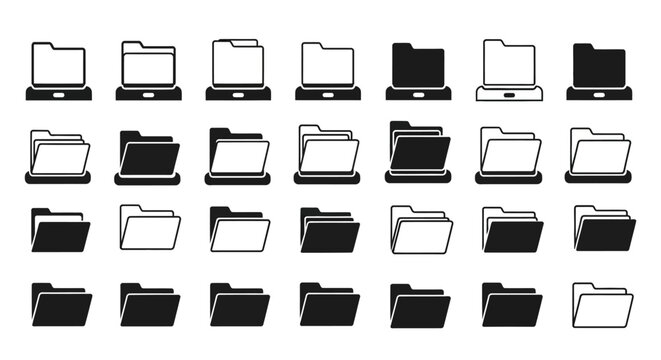 Folder Icons Collection: Open, Closed, Black & White, Vector Graphics