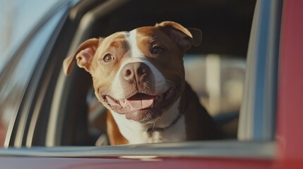 Excited dog rides in car with head out window on shopping trip .