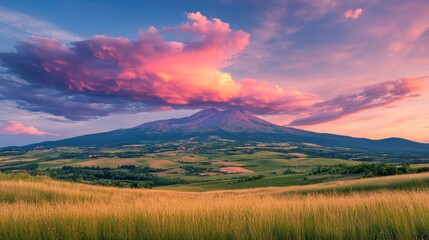 Evening clouds glowing pink and orange over mountain peaks .