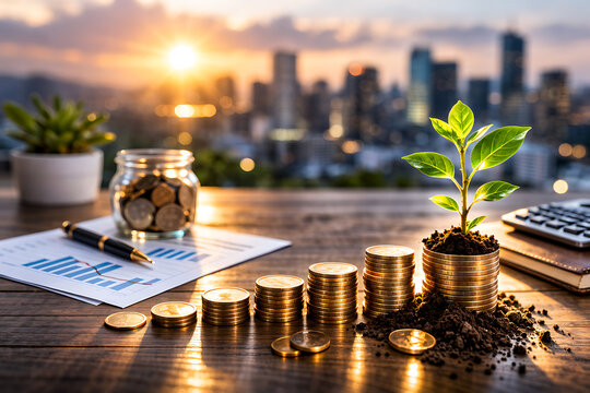 A concept of growing money and investment in business. Money are piling up like a plant grows