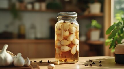 fermented garlic honey in tall jar with floating cloves .