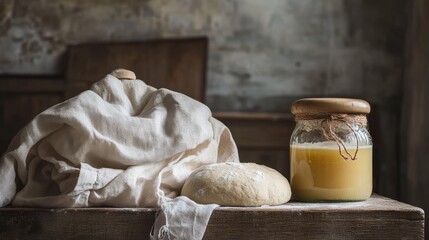 fermentation journal, cloth, jar, and dough on rustic tabletop .