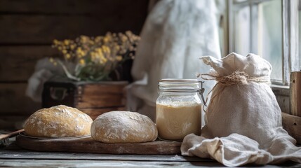 fermentation journal, cloth, jar, and dough on rustic tabletop .