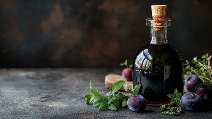 fermented plum vinegar in dark bottle with herbs .