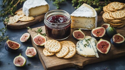 fig jam in glass jar with cheese and crackers nearby .