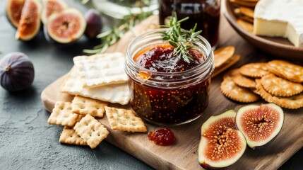 fig jam in glass jar with cheese and crackers nearby .
