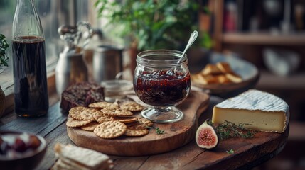 fig jam in glass jar with cheese and crackers nearby .