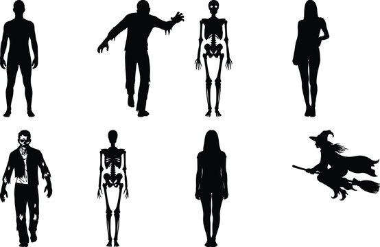 Six silhouettes of people in varied poses and attire against a plain background