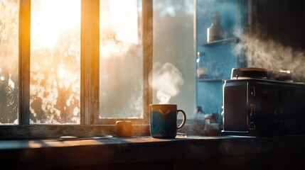 Freshly brewed coffee with steam rising from a mug, placed on a windowsill with morning sunlight streaming in .