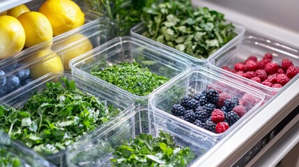 Fridge drawer with clear containers of prepped herbs, berries, and lemon zest .
