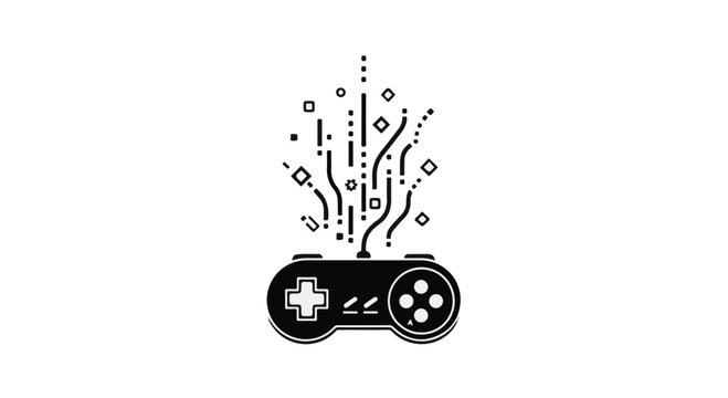 Retro video game controller erupts with vibrant digital energy and abstract particles