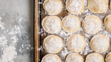 Frozen dumplings arranged in circles, dusted lightly with flour, on a metal tray .