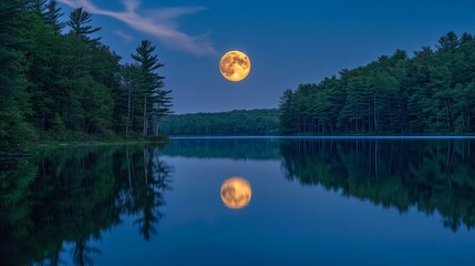 Full moon reflecting over a calm lake surrounded by trees .