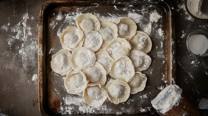 Frozen dumplings arranged in circles, dusted lightly with flour, on a metal tray .