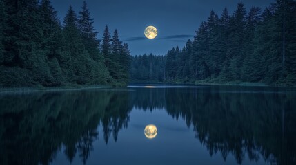 Full moon reflecting over a calm lake surrounded by trees .