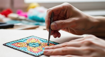 Fototapeta premium Person Engaging in Diamond Painting Hobby Activity.