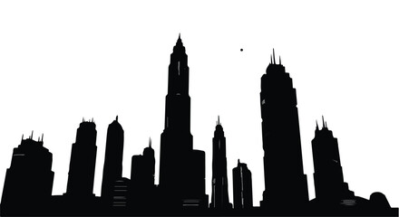 Obraz premium Modern cityscape silhouette at dawn, showcasing towering skyscrapers against a bright sky.