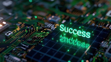 Obraz premium Concept of Success in Digital Technology with Glowing Text on Circuit Board Background Representing Achievement in Innovation and Growth