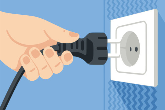 hand holding electrical socket plug connection technology flat color vector illustration template design