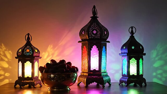 Ornate colorful lanterns and dates on table for Islamic celebration