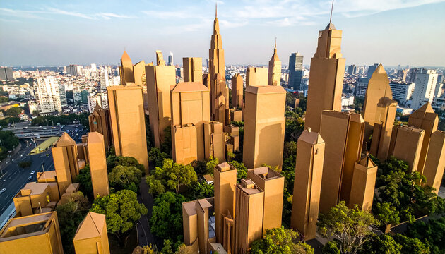 Aerial view of modern city skyscrapers made of card box