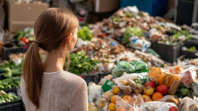 Food Packaging Waste: Woman looking at piles of single-use food containers, waste problem. Sustainable packaging alternatives .
