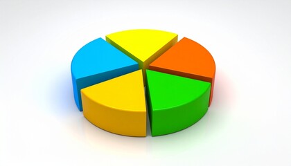 Obraz premium A 3D pie chart with four colorful segments in yellow, blue, orange, and green, set against a clean modern background