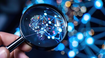 Magnifying Glass Focuses on an Abstract Human Brain Concept with Colorful Neural Connections and Digital Dots on a Dark Background