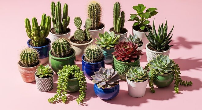 Diverse Collection of Potted Succulents and Cacti on Pink Background.