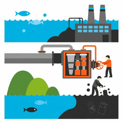 Industrial water pollution and treatment process illustration.