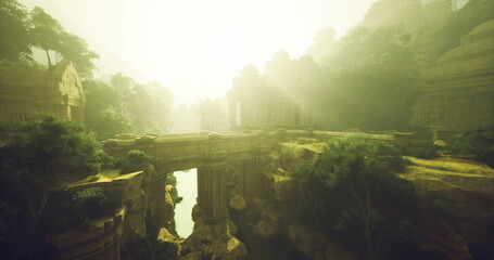 Ancient structure preservation, Eroded stone carvings adorn canyon temple by stream, Old carved stone temple stands beside tranquil river amid lush greenery © icetray