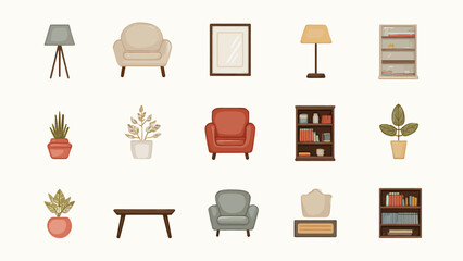 A collection of 16 minimalist home and interior icons in various styles and colors displayed together in a grid.