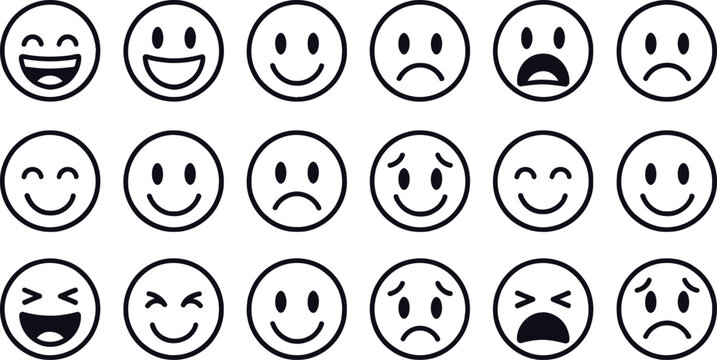 Emotions Array: An array of simple line-art face emojis, each portraying a distinct feeling, ranging from happiness and joy to sadness and anger, to help understanding and communication