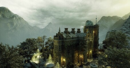 winter rooftop under pale fog and snow, cold stone surfaces dusted with frost, distant mountain silhouettes fading into mist, haunting melancholic atmosphere © icetray