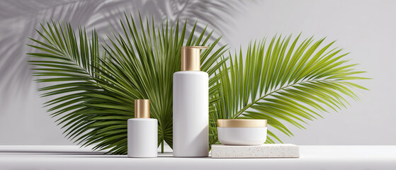 Fototapeta premium Beauty product presentation with palm fronds and clean textures.