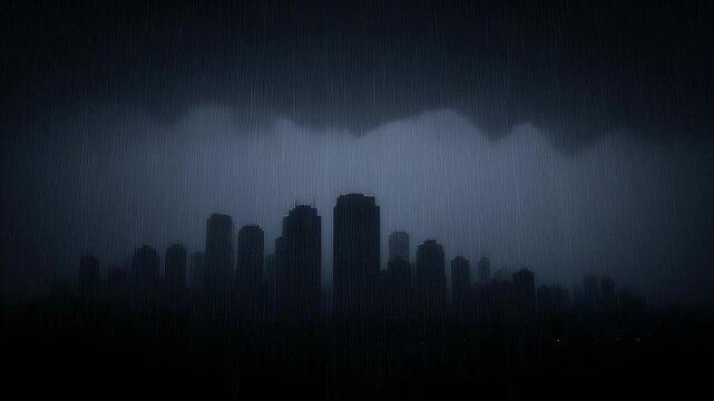 A dark, silhouetted cityscape shrouded in heavy rain and ominous storm clouds, creating a mysterious and foreboding atmosphere.