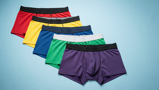 Set of colorful men's boxer briefs on a light blue background