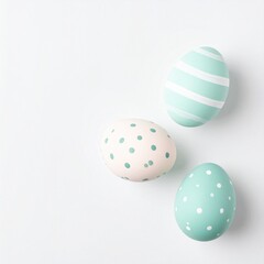 Obraz premium 白背景に3つのパステルカラーのイースターエッグを配置した俯瞰フラットレイ構図。 ストライプとドットのシンプルな柄で、モダンなコーポレートデザインに対応。 広いネガティブスペースを活かし、広告やバナーに最適。