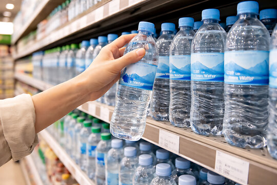 A person's hand reaching for a bottle of water in a store