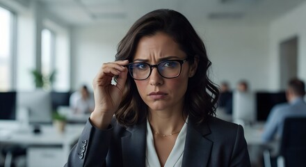 Obraz premium Concerned Businesswoman Wearing Glasses in Office