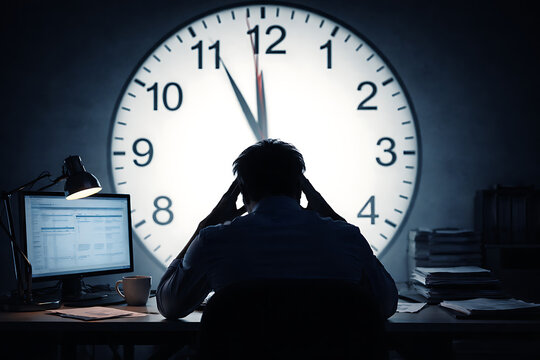 A man overwhelmed by the relentless passage of time. The clock's hands ticking relentlessly.